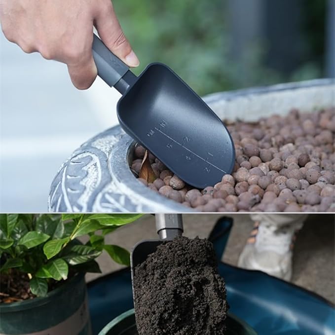 JIMIHOME Aluminum Alloy Garden Soil Scoop - Heavy Duty Hand Trowel with Measurement Marks, Rust Resistant Shovel for Potting, Digging, Transplanting, Pet Food & Beach Sand - Minimalist Black