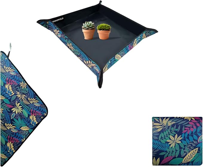 Plant Transplanting Mat - Thickened Waterproof Potting Mat, Succulent Gardening Mat, Portable Repotting Mat for Mess Control, Indoor Outdoor Use, PVC Black Leaf Print, 27 x 27 Inches
