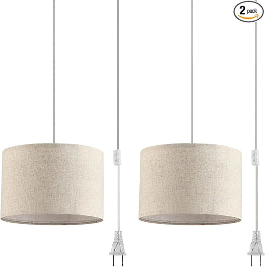 2 Pack Plug in Pendant Light, Hanging Light with 15Ft Clear Cord, On/Off Switch, Beige Linen Fabric Lamp Shade, Hanging Light Fixture for Bedroom, Kitchen, Living Room, Dining Table