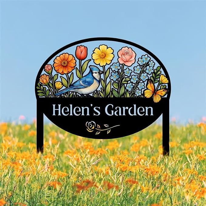 Personalized Metal Yard Sign for Mother's Day, Bird & Flower Design, Gift for Garden Lovers, Metal Sign, Garden Decor (Blue Jay)
