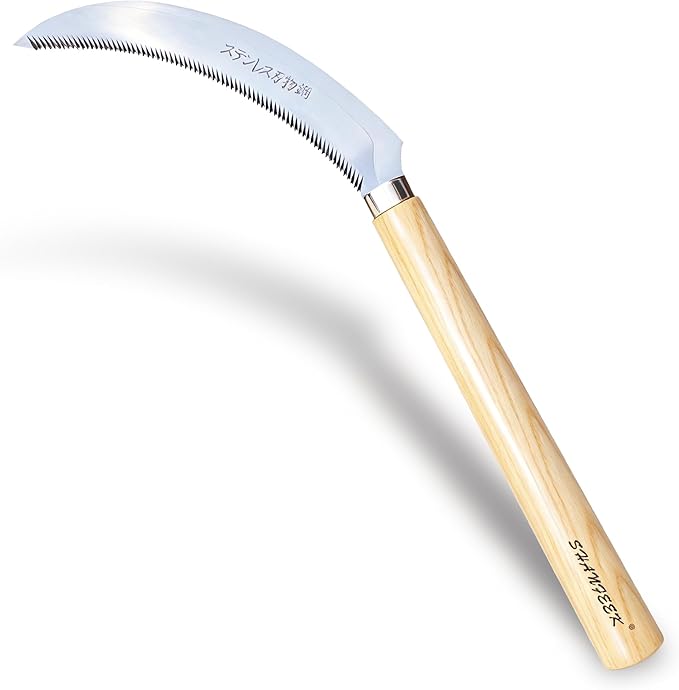 Grass Sickle with Sawtooth Japanese Weeding Hoe Weeding Tools for Garden High Toughness Stainless Steel with Hard Solid Wood Handle(Yellow)
