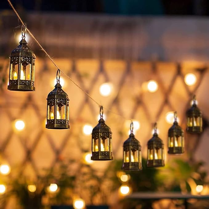 Mini Lantern with Flickering LED Candles Set of 20, Hewory Gold Vintage Decorative Hanging Candle Lanterns for Halloween, Christmas, Wedding Decorations, Party, Table Centerpiece, Battery Included