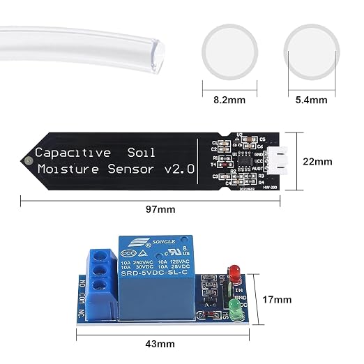 2 Sets Automatic Irrigation DIY Kit Capacitive Soil Moisture Sensor 1 Channel 5V Relay Module and Water Pump + 2M Vinyl Tubing for Garden Plant Flower Herb Potted