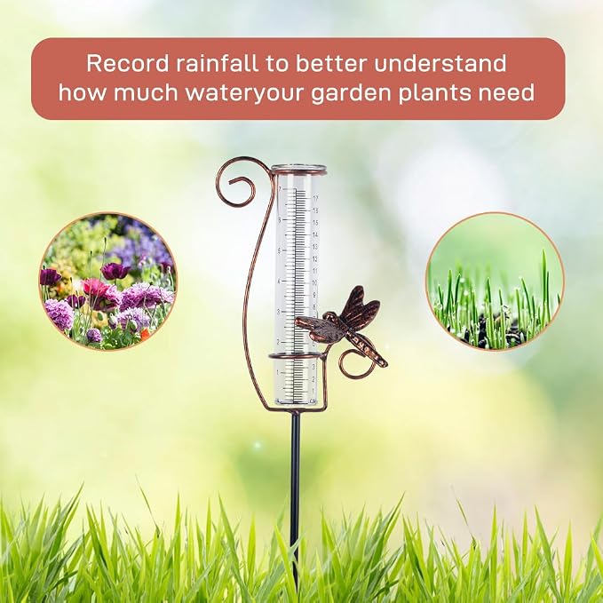 Dragonfly Rain Gauge Outdoor, 7 Inch Metal Rain Gauges for Measuring Precipitation, Patio, Garden Yard Decor