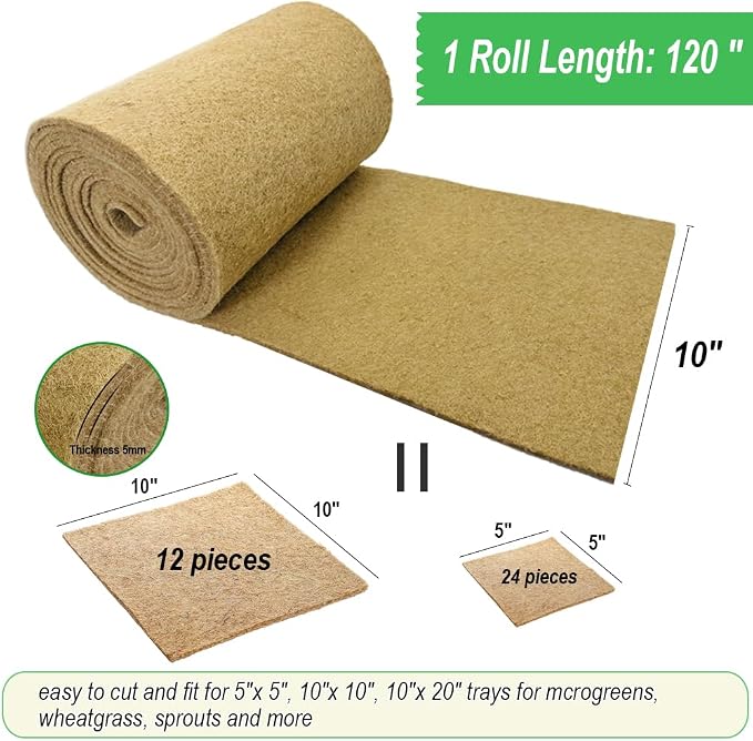 1 Roll 10" x 120" Microgreens Growing Trays Jute Mat Kits, Hydroponic Planting Mat & Seed Germination Pad for Wheatgrass, Bean Sprouts, Hydroponic Seed Growing | Works with Growing Trays