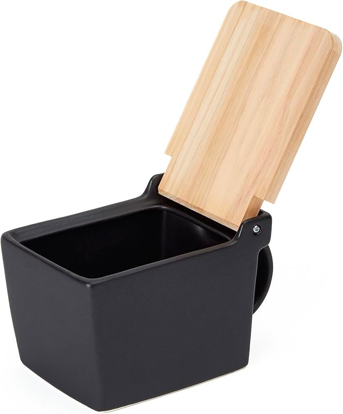ZERO JAPAN Bee House Premium Salt Box with Hinoki Lid - Container for Sea Salt and Spices - Elegant Cellar for Kitchen Countertop - Noble Black, 16 oz