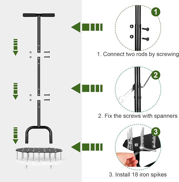 Manual Lawn Aerator with 18 Iron Spikes Heavy Duty Spike Aeration Tool for Grass, Yard, Garden Step Aerator Lawn Tool 37 Inch