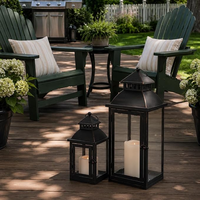 NEEDOMO Lanterns Decorative Outdoor&Indoor, Set of 2 Large Bronze Metal Lantern Decor with Glass, Candle Holder for Porch, Patio, Garden, Balcony, Wedding, Table Centerpiece Decor with LED Candles