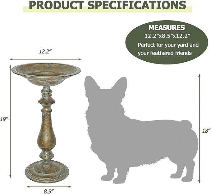 19”H Antique Pedestal Bird Bath, Bird Baths for Outdoors, Hand-Crafted Metal Bird Bath Bird Feeder Seed Tray for Garden Yard Decor.