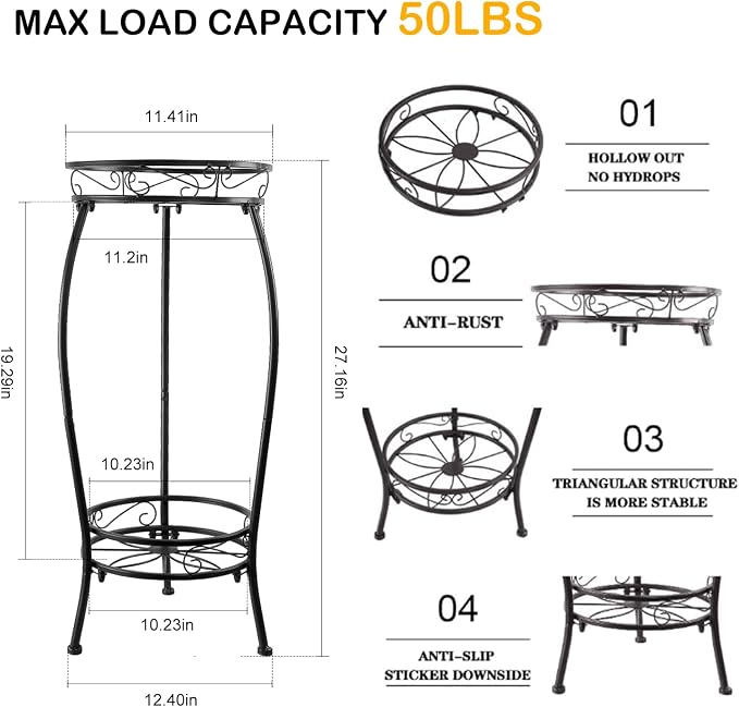 Plant Stand Indoor Outdoor 27.1'', 2 Tier Tall Metal Plant Stands, Heavy Duty Rustproof Corner Flower Potted Rack for Planter Holder Home Patio Balcony Garden -Black