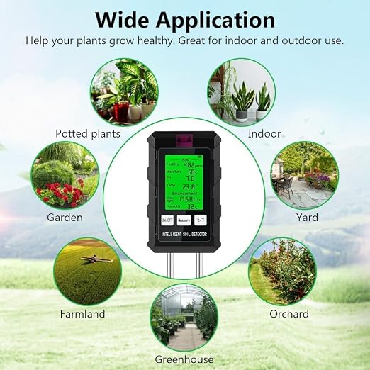 6-in-1 Soil Tester, Moisture Meter with pH Meter, Soil Moisture, Environment, Sunlight, Humidity, Fertility for Agriculture, Gardening and Outdoor Plants (2 *AAA Battery Needed)
