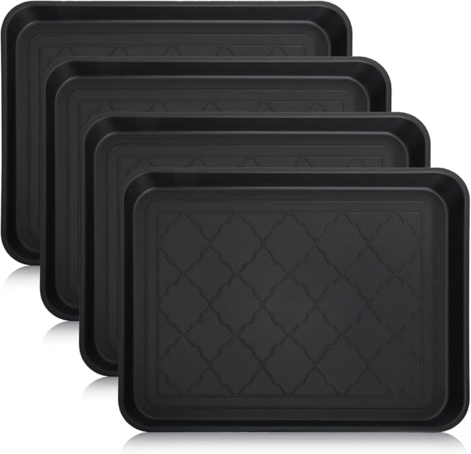 Kingrol 4-Pack Small Shoe Trays for Entryway Indoor, 16.5" x 12.6" Individual Boot Tray with Raised Lip, Waterproof Plastic Shoe Mat Tray for One Pair, Pet Bowls, Plants, Under Sink & Floor Protection