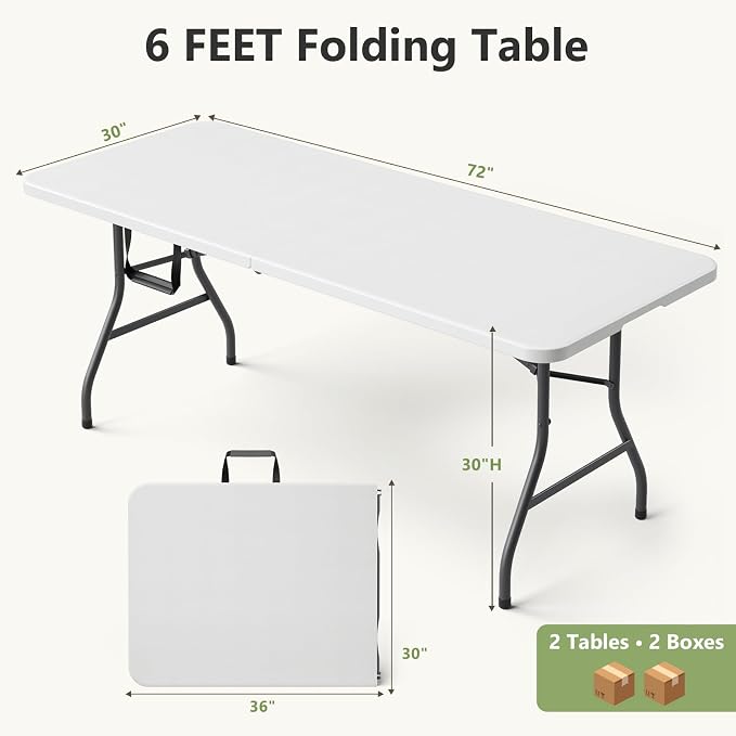 Folding Table 2 Pack, 6 FT Foldable Plastic Table with Carrying Handle, Heavy Duty Portable Fold-in-Half Utility Table for Party, Camping, Banquet, Craft, Wedding, Indoor & Outdoor Use
