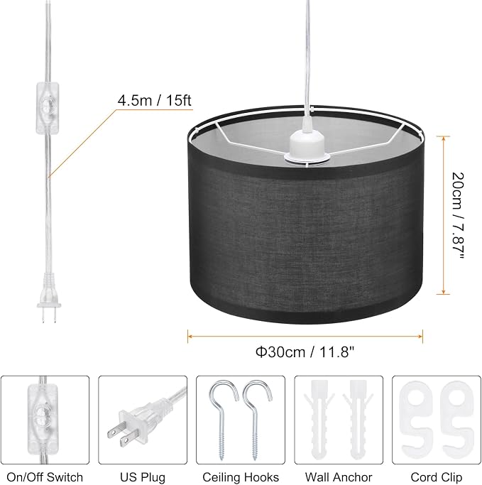 PATIKIL Plug in Pendant Light, 15Ft Rope Cord Hanging Lamp Fixture with ON/Off Switch, Fabric Shade E26/E27 Bulb Socket for Bedroom Kitchen Living Room, Black