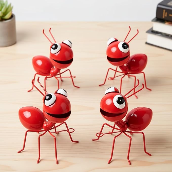 Cruis Cuka Metal Yard Art Garden Decorative Cute Ant Outdoor Wall Sculptures - Set of 4 Red