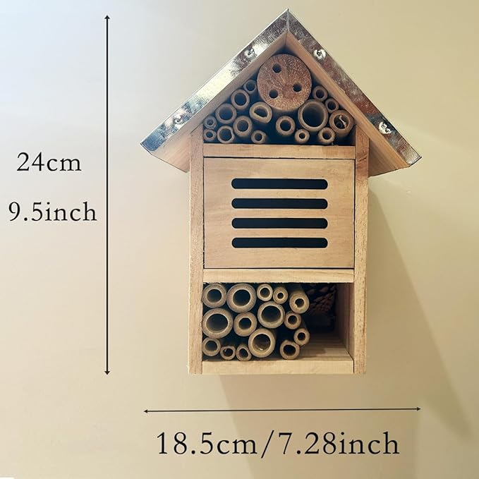 Bee House Hanging Insect Hotel, Natural Wooden Bee Hotel for Garden, Yard, or Balcony, Attracts Pollinators Like Bees, Butterflies and Ladybugs