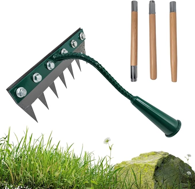 Red Upgrade 3.0 Weeding Rake | 7-Tine Carbon Steel Head & 3X Wood Handles | Quick-Lock Rotating Mechanism | Heavy Duty Garden Tool for Cultivating, Soil Aeration, Lawn Care (Green)
