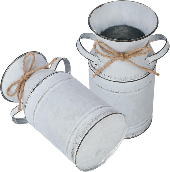 4 Pack Metal Flower Vase, Galvanized Metal Milk Can, French Rustic Milk Jug Planter, Farmhouse Decorative Flower Vase, Farmhouse Metal Vases for Home, Fireplace, Cabinet, Bathroom Decor