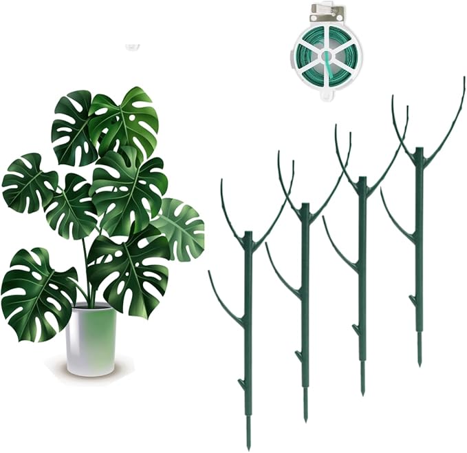 4 Pack Stackable Monstera Plant Support Stakes, 29inch Climbing Plant Sticks Structures with Garden Ties, Durable Alternative to Moss Pole for Indoor Outdoor Plants
