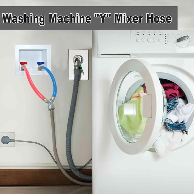 Rubber Washing Machine Y Mixer Hose Connector, Hot and Cold Color Coded, 3/4" Fittings, 1 ft (12") Length 2PACK