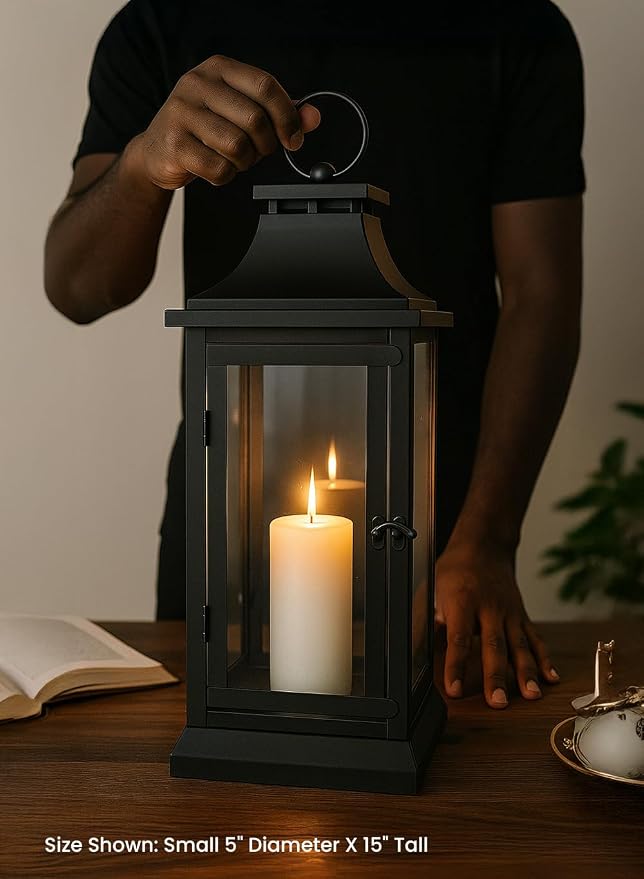 Serene Spaces Living Black Decorative Hurricane Lantern with Clear Glass Panels, Medium Indoor Outdoor Lantern for Porch, Events, Parties & Tabletop Decor, 5" Square & 15" Tall, Pack of 4