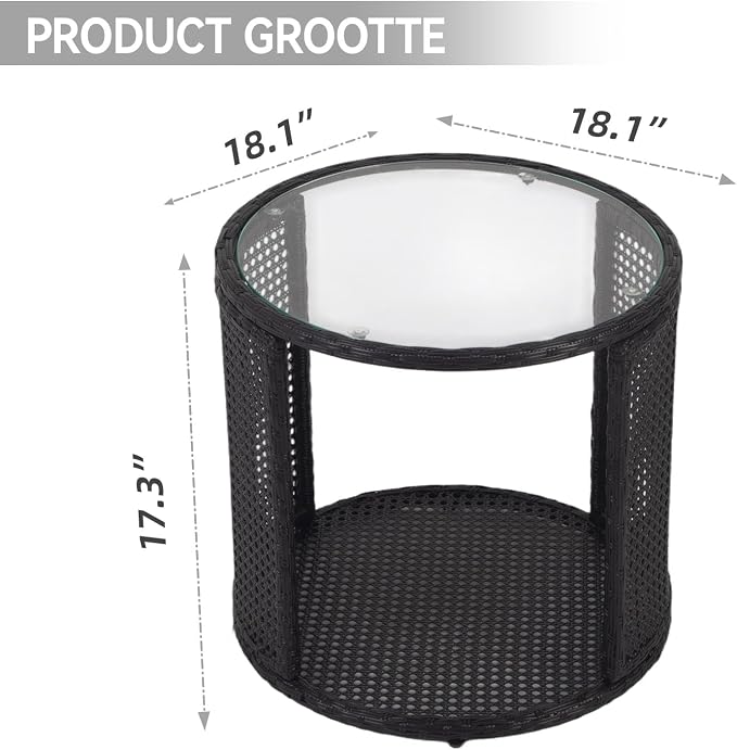 Patio Rattan Side Table - Outdoor Wicker Fashionable Side Table with Large Storage, Round End Table with Glass Table Top for Garden, Backyard, Porch, Deck, Black