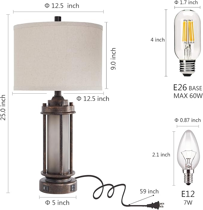 AIEAMPDO 25" Farmhouse Lamps for Living Room with 2 USB C+A Ports | Rustic Vintage Design, Frosted Glass Nightlight, Bulbs Included, Retro Desk Lamp