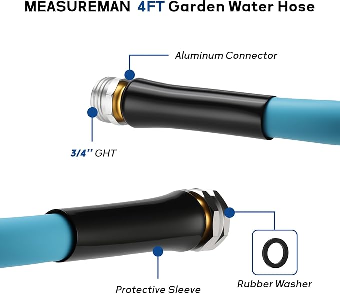MEASUREMAN 4 Feet Garden Hose Lightweight, 5/8 inch x 3/4" GHT, All-Weather & Flexible, Leak-Proof, Blue
