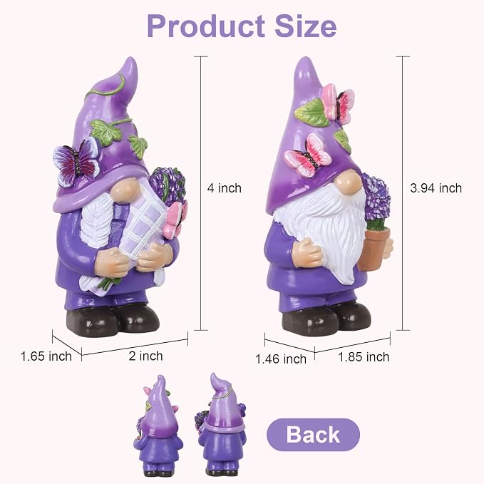 MEETYAMOR Lavender Gnomes Figurines, Set of 2 Purple Resin Gnomes with Butterfly Lavender for Spring Decor, Summer Gnome Garden Decor for Home Indoor Outdoor Table Mantle Decorations
