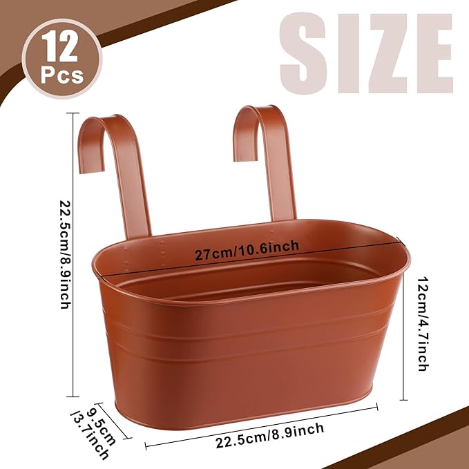 Hicarer Metal Hanging Flower Pots for Railing Fence, Large Hanging Rail Planters for Outdoor Window Balcony Plants Holder with Hooks for Garden Yard Home Decor(Brown,12 Pcs)