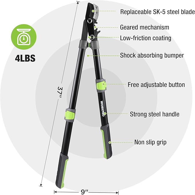 WORKPRO Extendable Anvil Lopper with Geared Mechanism, 25-37"" Branch Cutter with 1.6"" Cutting Capacity, Heavy Duty Garden Tree Trimmer with Steel Blade