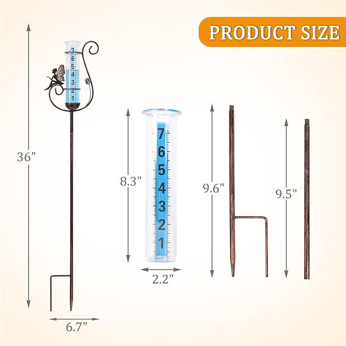WONDER GARDEN Rain Gauge Outdoor, Decorative Fairy Rain Gauges Outdoors Best Rated, Freeze Proof Glass Water Rain Measure Gauge with Blue Bead for Yard Patio Lawn Decor