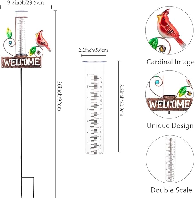 Stargarden Rain Gauge Outdoor, Metal Cardinal Rain Gauge, Rain Gauges with 7inch Plastic Tube, Decorative Rain Gauge for Yard, Garden, Lawn, Pathway