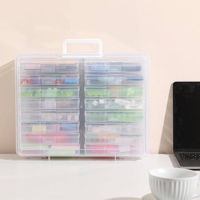 PCA Photo Storage Box 4" x 6" With Handle - 16 Inner Keeper, Large Organizer, Clear Plastic Craft Case for Stickers, Stamps, Jigsaw, Vegetable Seeds