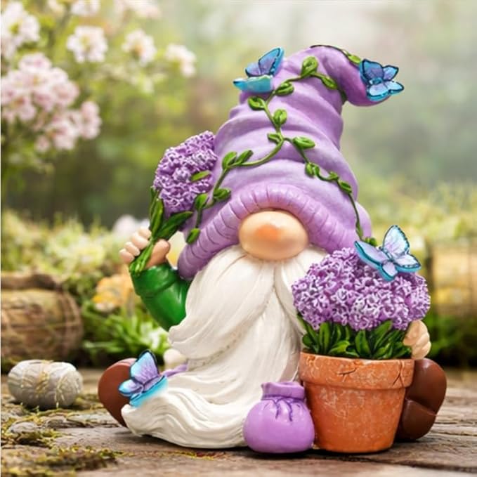 Hodao Spring Gnome Garden Decor with Butterflies and Lavender Flowers, Hand Painted Resin Gnome Figurine for Home Shelf Table Patio Decoration, Gift for Women Mom Garden Lovers