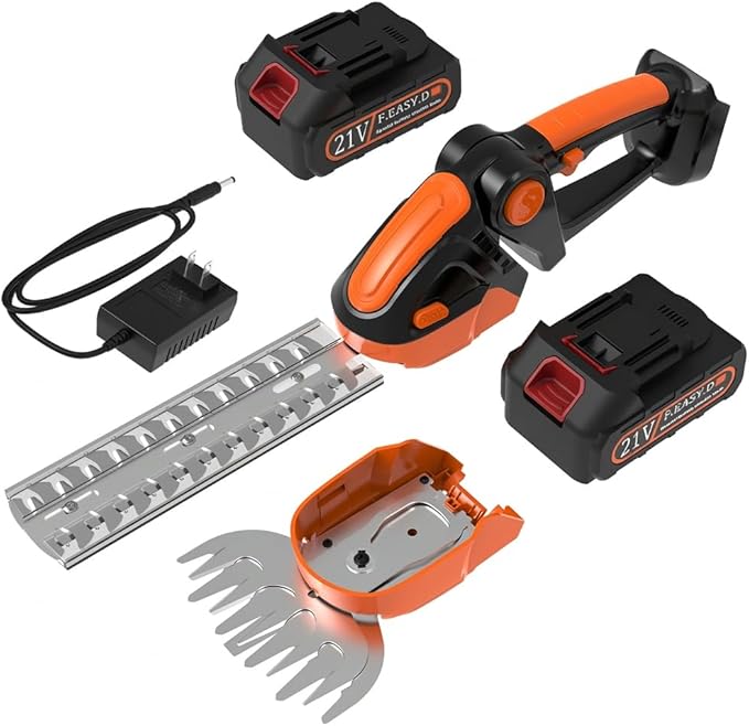 2 in 1 Cordless Hedge Grass Trimmer, 55W Electric Small Handheld Bush Trimmer with 2X 1.5Ah Batteries, Garden Shears with 2 Blades for Lawn & Shrub Pruning