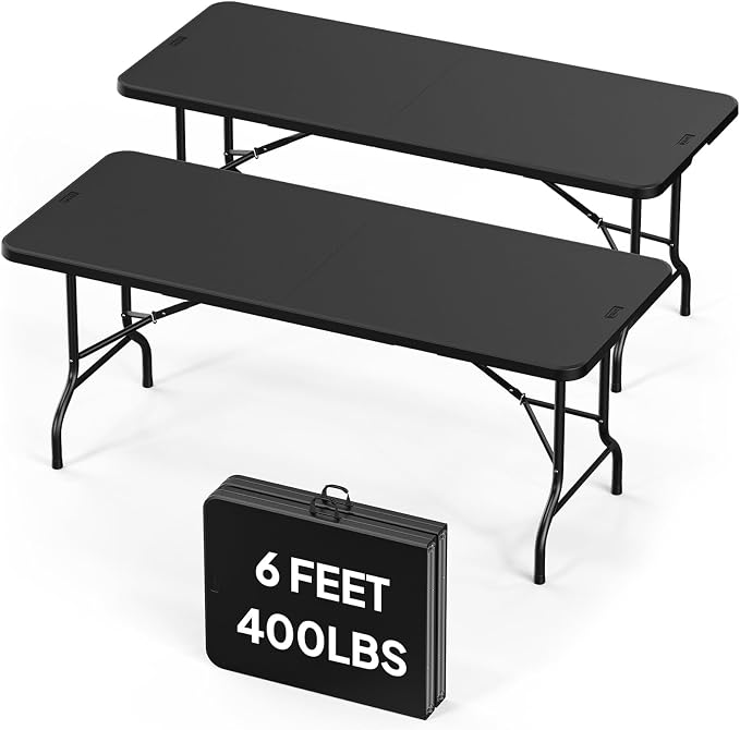 Bonnlo 2P Folding Table 6ft, Portable Collapsible Plastic White Long Tables for Party, Camping, Banquet, Craft, Dining, Wedding, Outdoor and Indoor Use