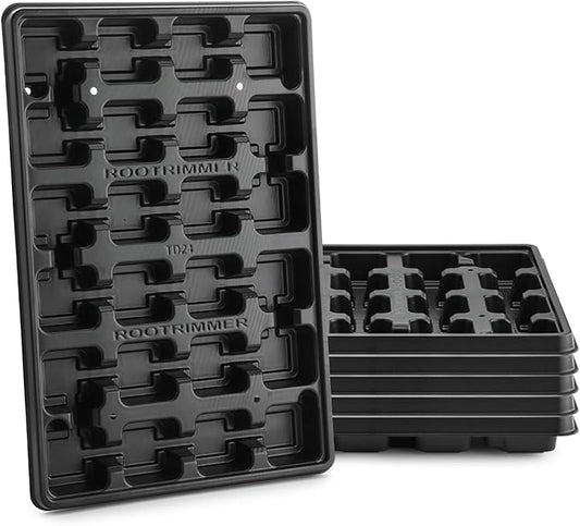 24 Cell Nursery Pots Trays 5 Pack (17"x11"x1.6"), Reusable Plant Pot Tray for Holding 2.8 inch (7CM) Square Nursery Pots, Durable Plastic Carrying Seed Starter Tray with Drain Holes (Black)