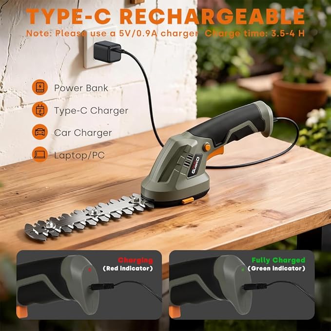 2-in-1 Cordless Hedge Trimmer & Grass Shear, Handheld Electric Shrub Trimmer with Rechargeable Battery and Type-C Cable for Garden, Yard and Lawn