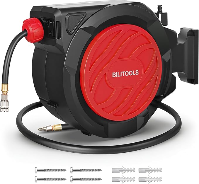 BILITOOLS Retractable Air Hose Reel, 1/2" x 50 ft High Flow Hybrid Air Hose Max 300PSI, Enclosed Air Compressor Hose Reel with Smooth Auto Rewind & 5 ft Lead-In Hose, 180° Swivel Wall/Ceiling Mount