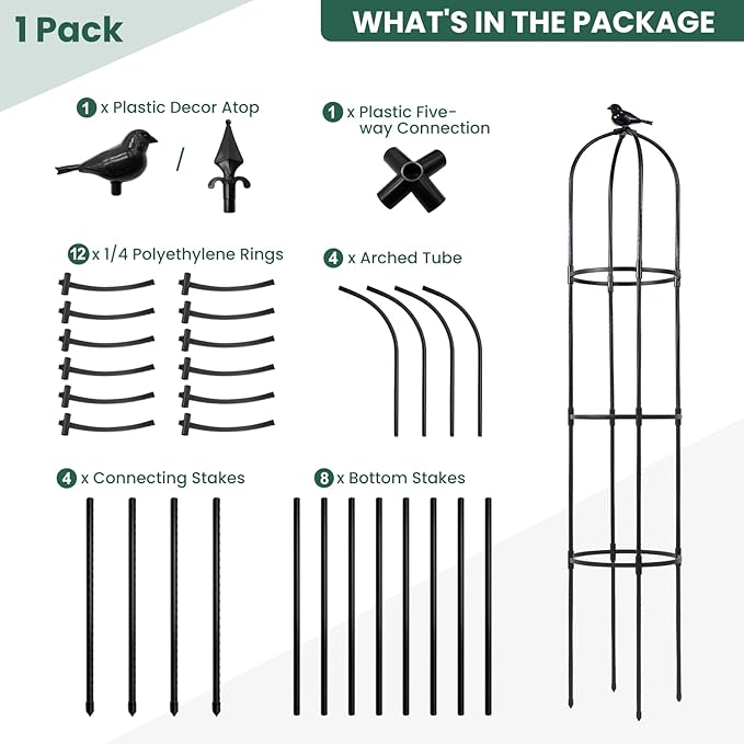 FOLLOOK Garden Obelisk Trellis for Climbing Plants Outdoor, Lightweight Climbing Plant Support Flower Roses Clematis Vegetable Light Vines Round Trellis for Raised Garden Bed Planter, Black, 1 Pack
