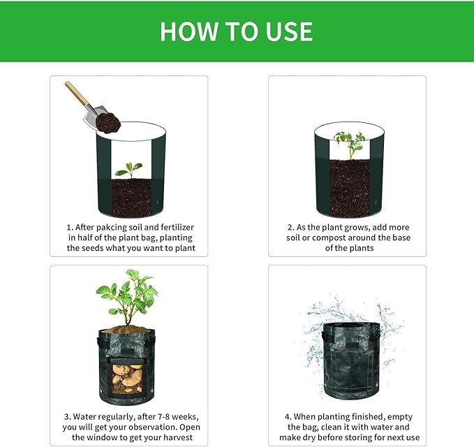 iPower Potato Grow Bags with Flap 10 Gallon 4 Pack, Garden Planting Pot with Durable Handle and Harvest Window, Thickened PE Container for Potato, Tomato, Carrot, Vegetable and Fruits