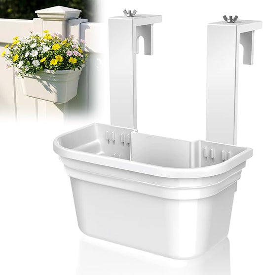 4 Pack Fence Post Planter for 5x5 PVC Fence Posts, 15.75 Inch Fence Hanging Planters for Outdoor Plants, Easy Install, White Flower Pots for Deck Railing Garden Yard Decor
