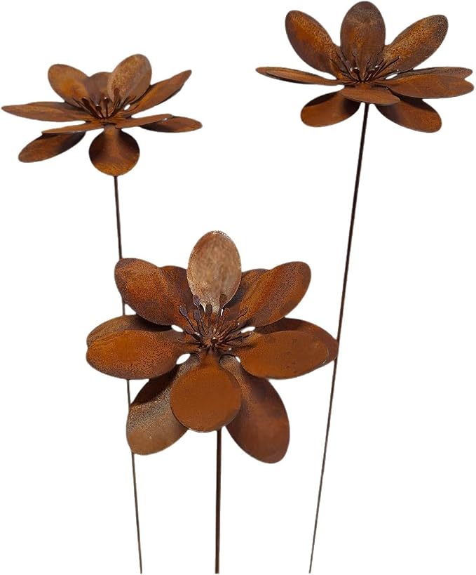 Rustic Metal Coneflower Garden Stakes, Set of 3, Rusted Iron Daisy Yard Art, 14x4 Inch, Weather-Resistant Lawn Pathway, Patio Decor (Brown)