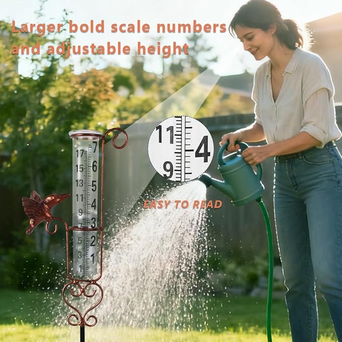 Rain Gauge Outdoor with 7 Inch Glass Tube, Rain Gauges Large Clear Numbers Measure Gauge for Yard, Garden, Lawn(Hummingbird)