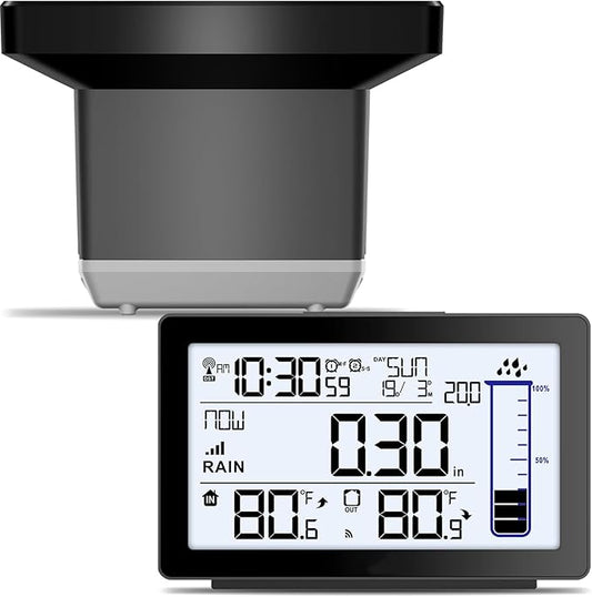Wireless Rain Gauge Outdoor, Self-Emptying Digital Rain Gauges Outdoors Best Rated, Electronic Rain Measure Gauge for Yard, Freeze Proof Rain Gauge with Thermometer, Remote Rain Meter for Garden