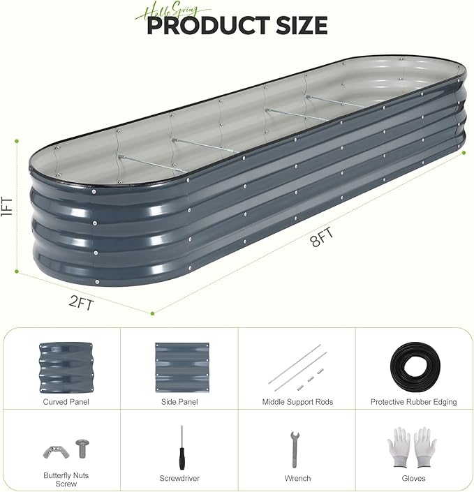 Galvanized Raised Garden Bed 2 Pack, 8x2x1ft Oval Metal Planter Box Outdoor with Support Rods & Corner Protection, Planter Beds for Vegetables, Fruits, Flowers (Grey)