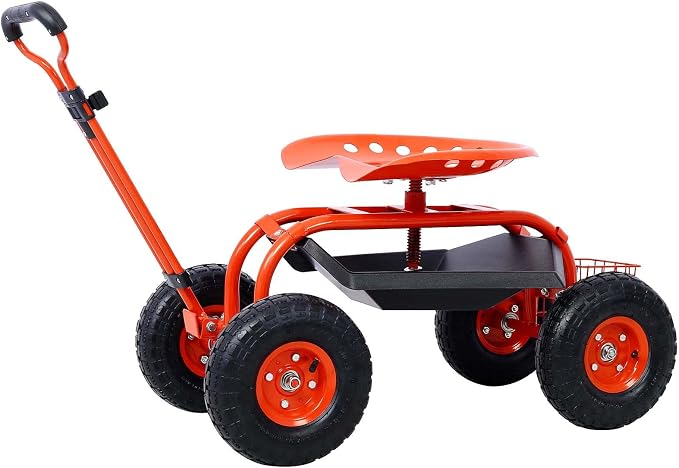 Rolling Garden Cart, 360 Swivel Gardening Seat with Wheels, Tool Basket, Adjustable Height, Outdoor Garden Workseat, Gardening Stool Scooter for Sitting (Red)