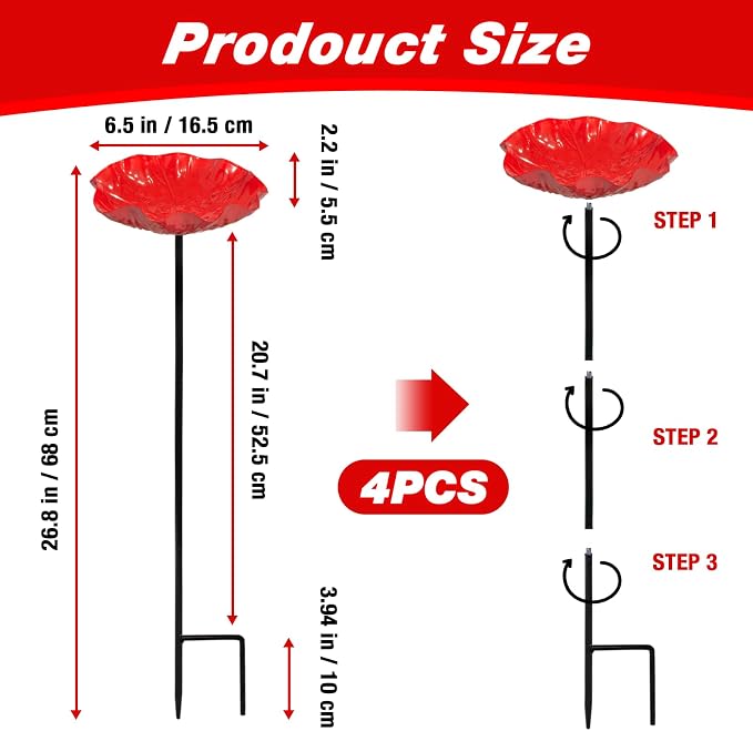 4 PCS Metal Bird Baths for Outdoors, Small Garden Bird Bath & Bird Feeders with Metal Stake, Hummingbird Feeder for Outside Lawn Yard Garden Decor
