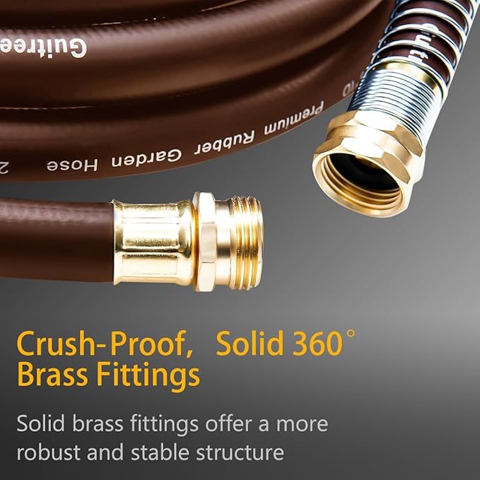 Guitrees Garden Hose 50FT x 5/8", Heavy Duty Rubber Hose, Water Hose with Five Layered Braiding, Male to Female Fittings, 1000PSI Burst, 300PSI Working (Brown)